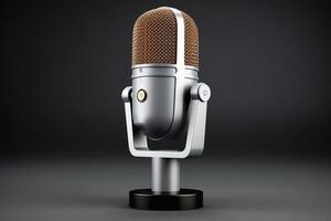 3d representación de un micrófono en un gris antecedentes. estudio disparo. transmisión, radio, cantar, voz, mic y habla concepto generativo ai foto
