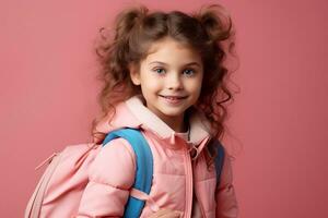 A image of Portrait of a cute little girl with curly hair and a pink backpack on a pink background Generative AI photo