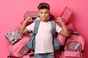 A image of Cheerful schoolboy with backpack and pile of books on pink background Generative AI photo