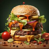 un imagen de grande sabroso hamburguesa con volador ingredientes en de madera mesa en oscuro antecedentes generativo ai foto