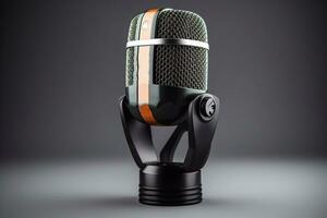 A closeup of 3d rendering of a microphone on a gray background. Studio shot. broadcast, radio, speak, sing, voice, mic and speech concept Generative AI photo