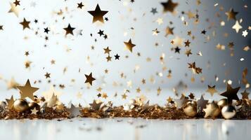 Christmas background with gold star glitter, confetti falling on white table. New year eve party banner template with copy space for text Ai Generative photo