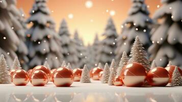 Holiday banner with apricot baubles and Christmas trees Ai Generative photo