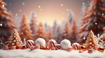 Holiday banner with Christmas ornaments in snow Ai Generative photo