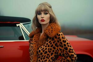 Woman wearing stylish leopard coat. Generate ai photo