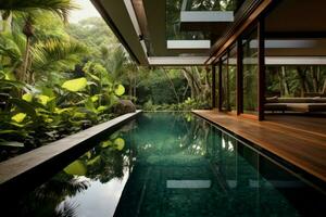 Modern Futuristic pool villa. Generate Ai photo
