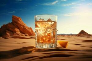 Cold water glass in desert. Generate Ai photo