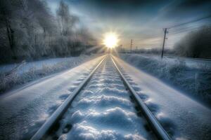 Scenic morning light view of snowy train railway. Generate ai photo