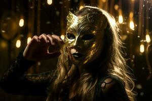 Woman in golden mask dancing party. Generate ai photo