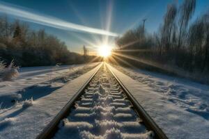 amanecer ligero ver de Nevado tren pista. generar ai foto