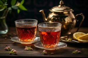 Turkish tea in traditional two glass on wooden background. Generate Ai photo