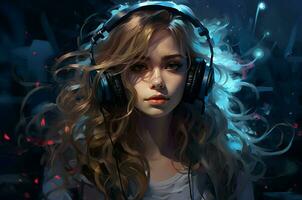 Melodious Girl listen music. Generate Ai photo