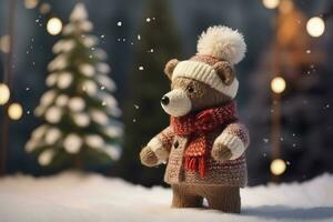 Small winter soft teddy bear in warm outfit. Generate ai photo