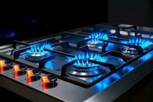 Gas cooktop with burning blue flame. Generate ai photo