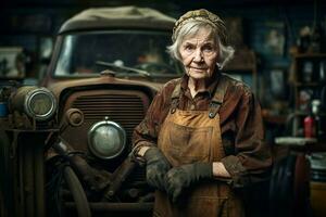 diligente coche mecánico mujer cochera. generar ai foto