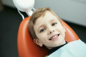 Little boy on dentist chair. Generate ai photo