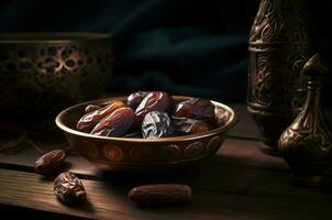 Closeup photo of bowl with dried dates. Generate ai