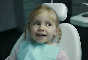 Little smiling girl on dentist doctor chair. Generate ai photo