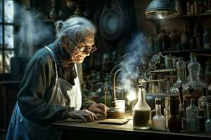 experimentado antiguo químico mujer en antiguo laboratorio. generar ai foto