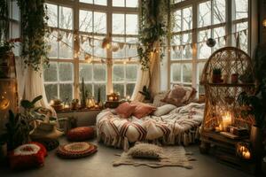Nostalgic Boho winter room tent. Generate Ai photo