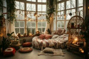 nostálgico boho invierno habitación carpa. generar ai foto