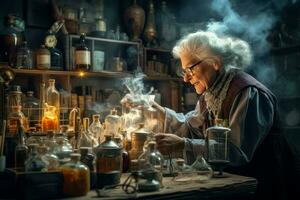 Old chemist woman in old laboratory. Generate Ai photo