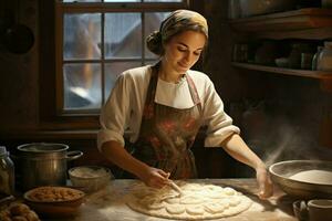 Woman making dough for cinnamon rolls at kitchen. Generate Ai photo