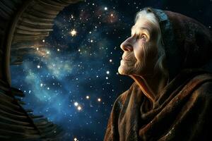 Gleaming Astronomer starry sky night old woman. Generate Ai photo