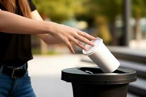 Woman throwing paper coffee cup. Generate ai photo