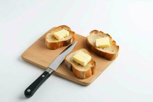 Tasty toasts with butter on wooden board. Generate ai photo