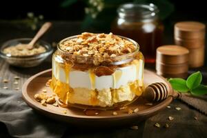 Tasty dessert with oat flakes and honey jar on wooden table. Generate Ai photo