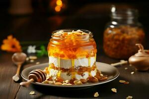 Tasty dessert with oat flakes and honey jar on table. Generate Ai photo