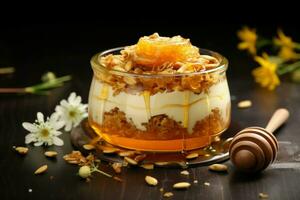 Tasty dessert with oat flakes and honey on table. Generate Ai photo