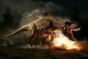 Dangerous tyrannosaurus rex on burning ground. Generate ai photo