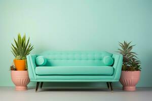 Inviting Frontal view of mint sofa. Generate Ai photo