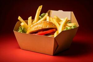 Greaseproof Tasty burger paper box with fries. Generate Ai photo