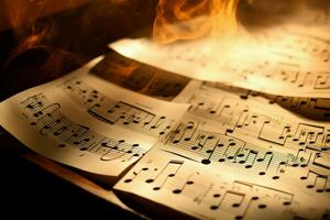 Music sheets in the shadow and fire flame. Generate Ai photo