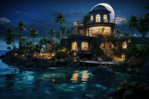 3D rendering of a tropical island with palm trees in the night, Island in the middle of the ocean with an extremely luxurious black and pastel walled villa surrounding a huge jungle, AI Generated photo