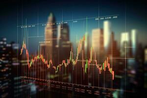 Financial graph on abstract city background. Investment and trade concept. Double exposure, Investment concept with stock market chart and candlestick graph on virtual screen, AI Generated photo