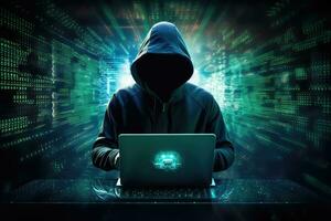 Hacker using laptop with binary code on dark background. Cyber attack concept, Internet security protection from hacker attacking. Cyber attack and Network Security Concept, AI Generated photo