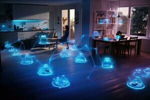 Businesswoman using tablet computer against living room with coffee table and chairs, Internet connection all over the home and hologram instructions, AI Generated photo
