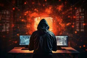Hooded hacker in front of technology background with binary code concept, Internet security protection from hacker attacking. Cyber attack and Network Security Concept, AI Generated photo