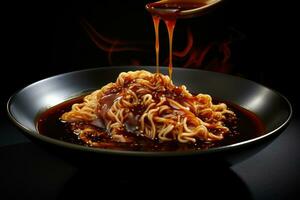 chinese noodles with soy sauce on a black background, closeup, Japanese Ramen noodles in soy sauce flavored soup, AI Generated photo