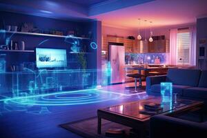 3d render of modern living room interior design with neon lights and furniture, Internet connection all over the home and hologram instructions, AI Generated photo