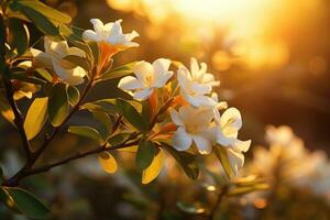 White rhododendron flowers in the rays of the setting sun, jasmine bush in warm sunset light, AI Generated photo