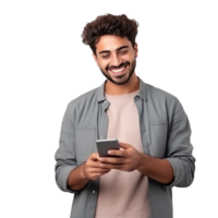 souriant Jeune milieu est homme avec numérique tablette dans mains isolé png