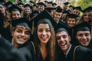 estudiantes en graduación disfraz tomando selfie al aire libre. generativo ai foto
