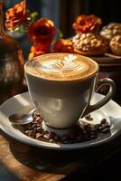 Cup of hot coffee latte with heart shaped milk foam. photo