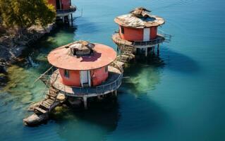 A top view of floating houses on sea photo