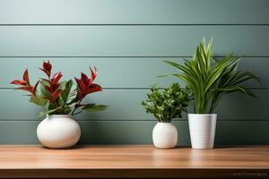 Plant in a vase on wooden table photo